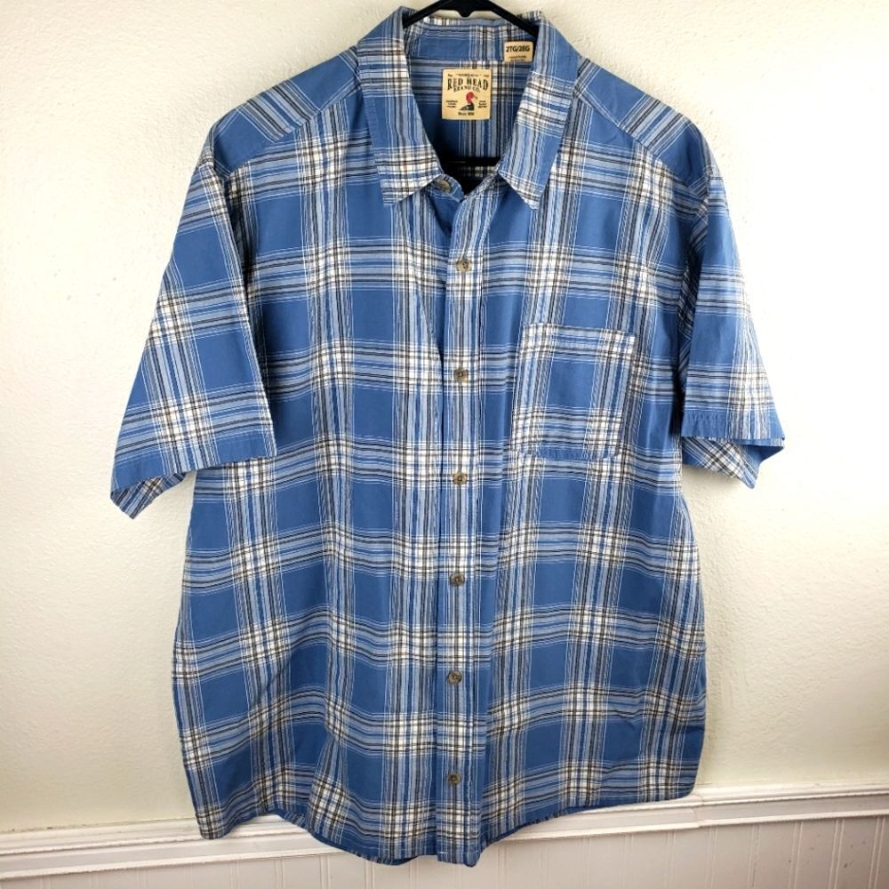Men's Outdoor Red Head Blue Plaid Short Sleeve Button Up Shirt Size 2XLT